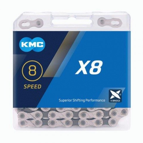 Łańcuch KMC X8 srebrno szary 116L + spinka 6/7/8rz (x8.93)-45918